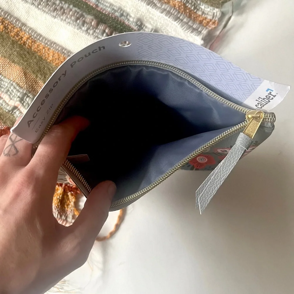 (home) 🏷️ caliber • gray faux leather red floral print pencil pouch